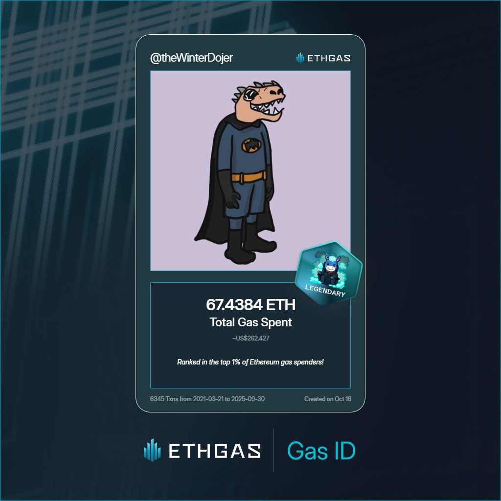 Discovered my Gas ID via ETHGas - turning my gas spend into rewards 🫘

As a Legendary Jack, I've spent 67.4384 ETH on gas but earned 4000 Beans back.

Get your Gas ID and Beans here: ethgas.com/community/gas-…