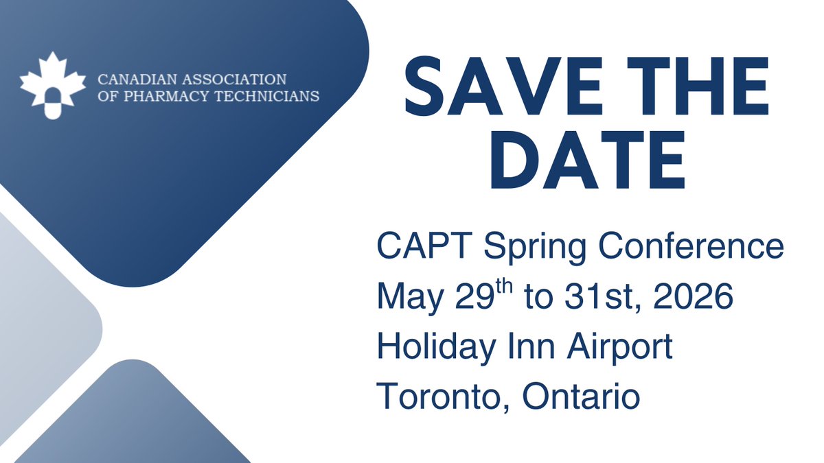 ✨ SAVE THE DATE!

As announced during today’s event, we are thrilled to share that CAPT’s 2026 Spring Conference will take place May 29–31, 2026 at the Holiday Inn Toronto Airport.

Our 2026 theme is “Driving Your Pharmacy Career” - hope to see you there! 

#CAPTPDC2026
