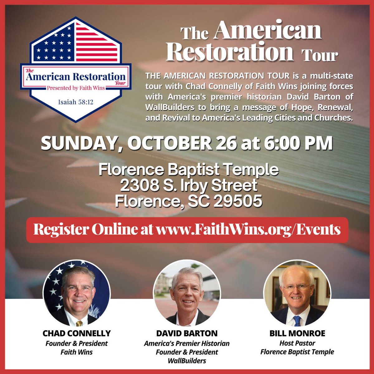 ChrisHoneycutt's tweet image. So excited that @DavidBartonWB is coming to Florence on Sunday, October 26th! David spoke at @ForwardMyrtle two years ago and it was amazing!

This is a great opportunity to hear more about the foundations of our republic from a Christian worldview.
