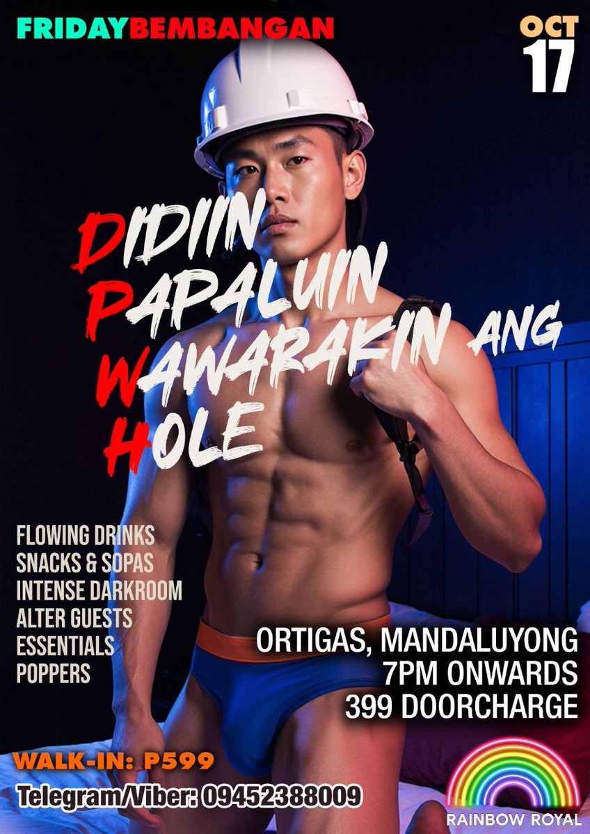 ♦️A Back to Back Event For you Guys ♦️

October 18 "DPWH" Likod ng SM Megamall Ortigas Mandaluyong.

⭕RED RAVE - Non Stop Red Rave at URUS Makati Ave.  Join us with Hot Men , Foreigner Guest , Alter Guest , Ambassador and Cool DJ. 

Viber me for Your Reservation 
09452388009.