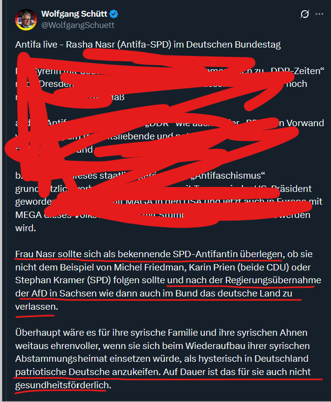 Viel offener kann man einer Bundestagsabgeordneten der SPD aufgrund ihrer syrischen Familienherkunft nicht drohen für den Fall der Machtübernahme durch die AfD.

Deutschland 2025. 
Niemand, absolut niemand kann dieses Mal sagen, er habe von nichts gewusst.