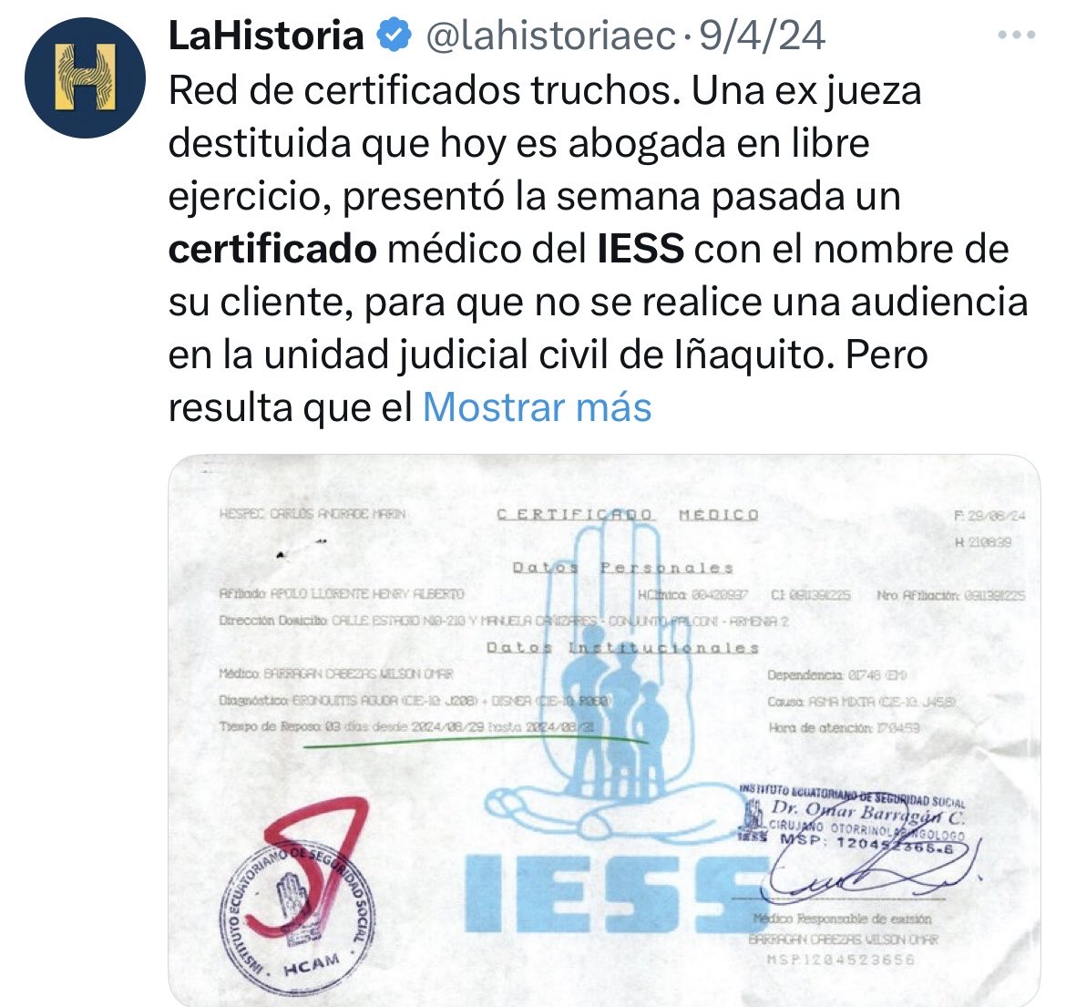 Por fin. El pleno del <a href="/CJudicaturaEc/">Consejo de la Judicatura</a> multó con tres remuneraciones básicas a la abogada y ex jueza Marcia Flores por presentar un certificado médico trucho del Seguro Social para suspender una audiencia judicial. El médico que aparecía firmando negó haberlo hecho y ni siquiera