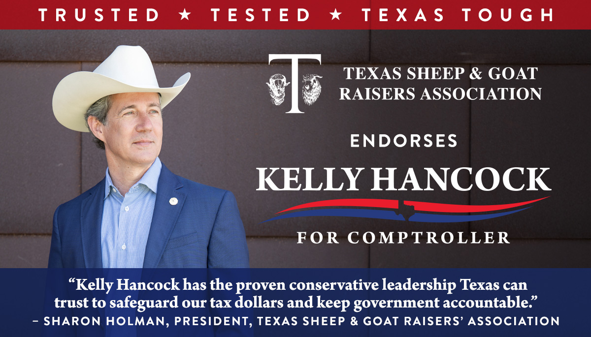 Thank you ​​Texas Sheep and Goat Raisers Association for the endorsement to continue serving as Comptroller!

For 100+ years, TSGRA has stood up for rural Texans protecting private landowners, supporting local producers, and defending property rights against federal overreach.