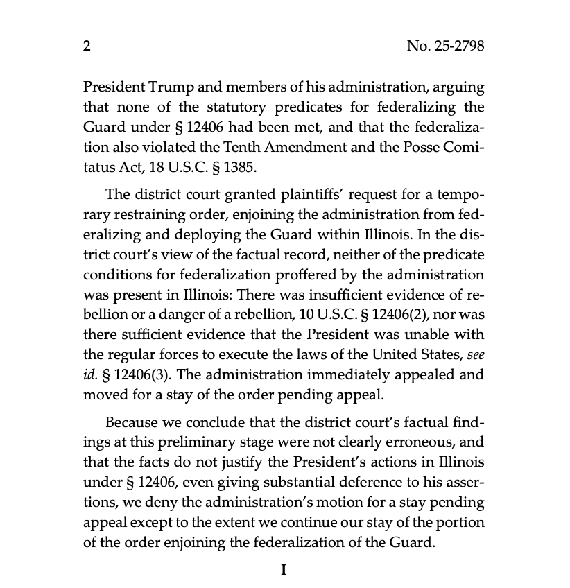 SeidelContent's tweet image. #BREAKING The 7th U.S. Circuit Court of Appeals refuses to undo order blocking deployment of National Guard troops within Illinois.
"We conclude that the district court's factual findings … were not clearly erroneous, and that the facts do not justify the President's actions."