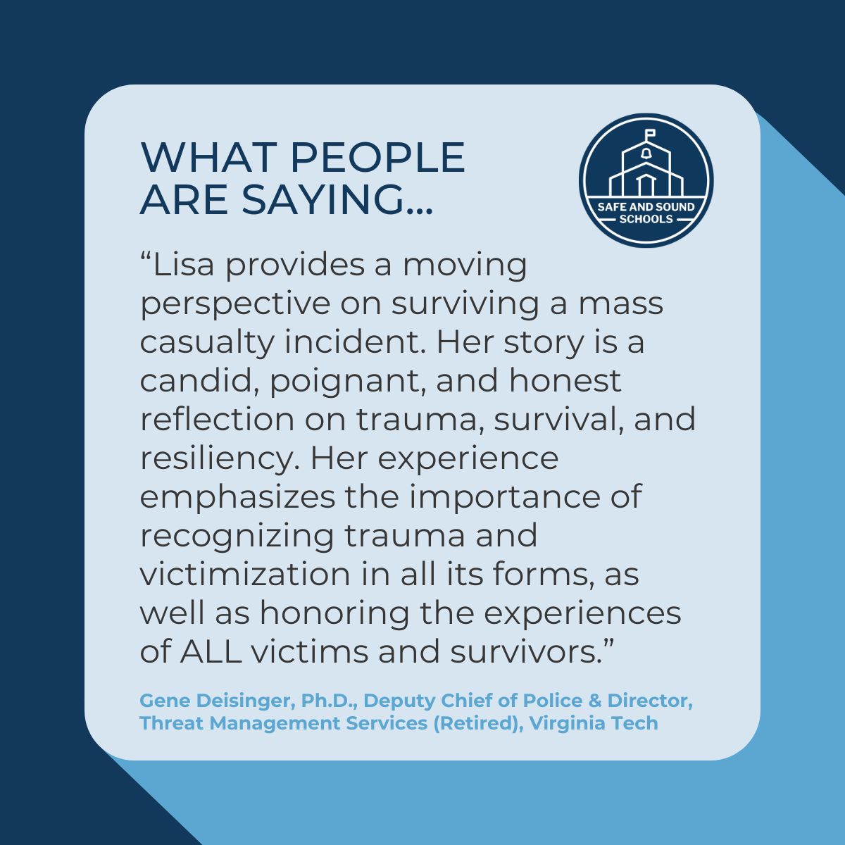 Lisa Hamp, survivor of the Virginia Tech shooting &amp; member of our Speakers Bureau, is a powerful voice for resilience &amp; school safety.

Her story sheds light on the impact of trauma while reminding communities: no one walks this journey alone.

Learn more: bit.ly/4odRUmx