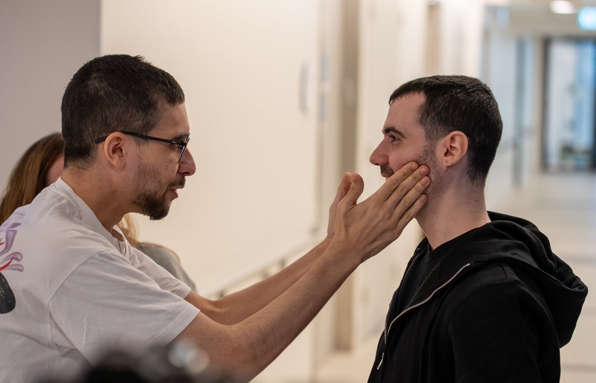 IsraelPodcast's tweet image. Photos show returning hostages Evyatar David and Guy Gilboa-Dalal meeting at Beilinson Hospital. #HostagesReturn #OperationReturningHome #Israel