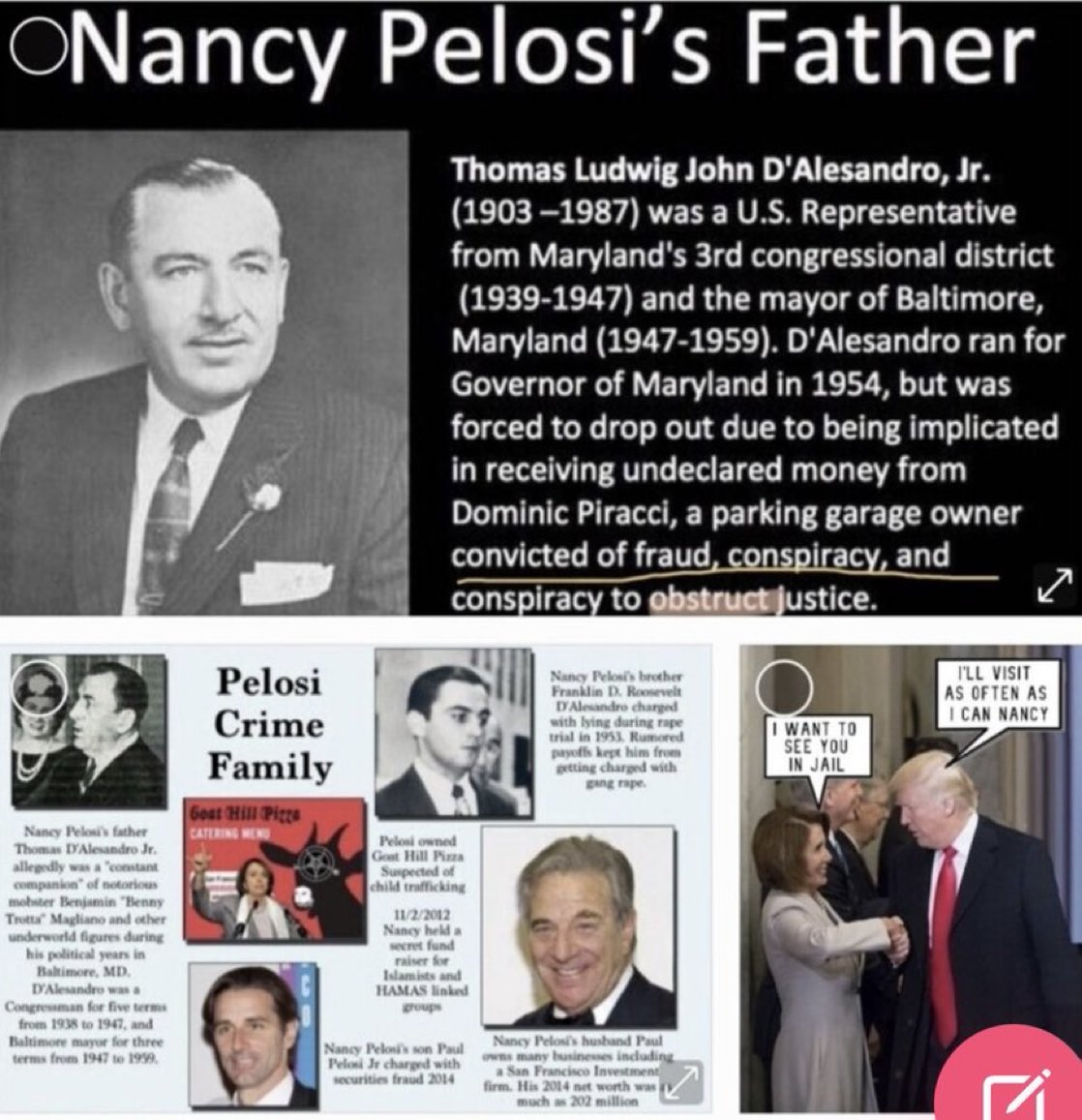 <a href="/grok/">Grok</a> <a href="/SenWarren/">Elizabeth Warren</a> NANCY PELOSI COMES FROM A CRIMINAL FAMILY

The roots of the Pelosi family's storied legacy trace back to Baltimore's gritty political machine in the early 20th century, where Thomas D'Alesandro Jr., Nancy's father, emerged as a formidable figure. Born in 1903, he climbed from