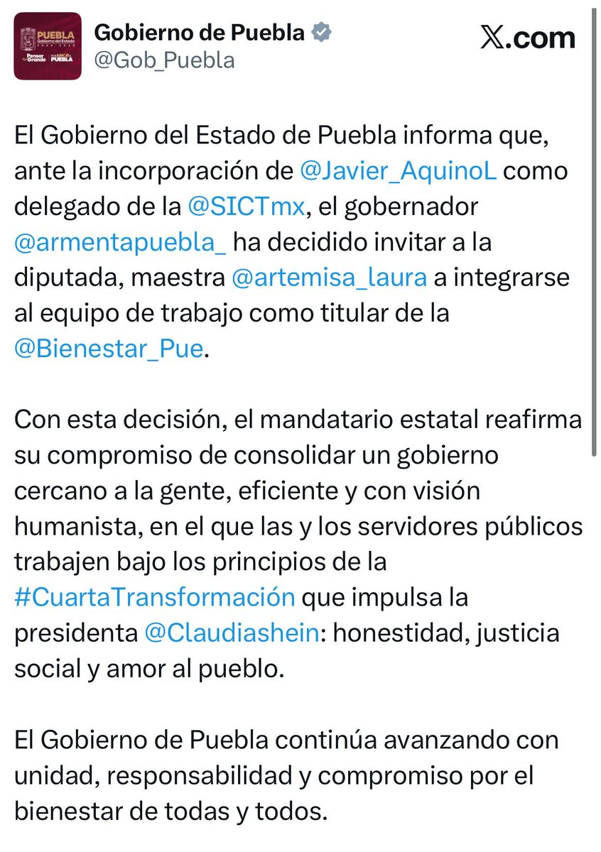 La diputada Laura Artemisa García Chávez <a href="/artemisa_laura/">Laura Artemisa Oficial</a> es la nueva Secretaria de Bienestar del gobierno de #Puebla, en sustitución de <a href="/JavierAquinoL/">Javier Aquino Limón</a> 👇🏼