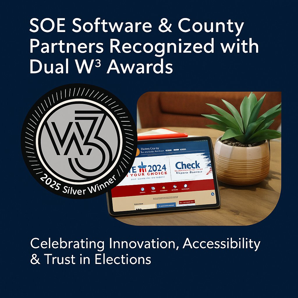 SOESoftware's tweet image. 🏆 SOE Software &amp;amp; partners Martin County &amp;amp; Duval County, FL earned two Silver W³ Awards for excellence in election website design &amp;amp; accessibility!

Proud to support trusted, transparent, award-winning digital experiences.

🔗 soesoftware.com/soe-software-r…

#W3Awards #ElectionTechnology