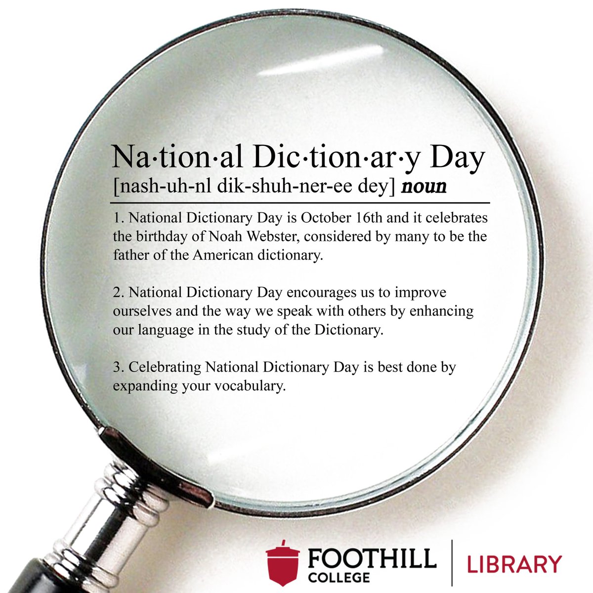 FoothillLibrary's tweet image. Happy National Dictionary Day! 
Today we’re celebrating our favorite tool for curiosity...the dictionary! From “serendipity” to “sus,” words evolve right alongside us. Stop by the library (or open your favorite online dictionary) and explore a new word that inspires you.
#fhlib