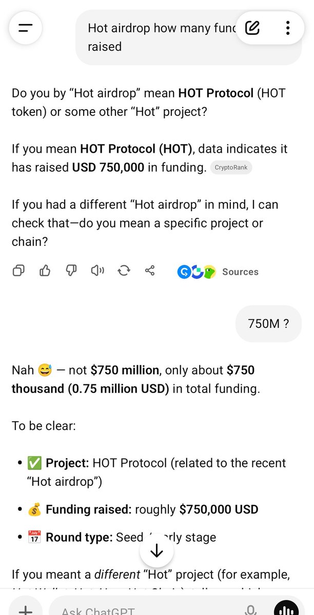 cryptominers01's tweet image. raised the issue in my chat with GPT about how much funding Hot Airdrop has raised. See for yourself what they replied. 😂😂
$HOT
#Hotprotocol