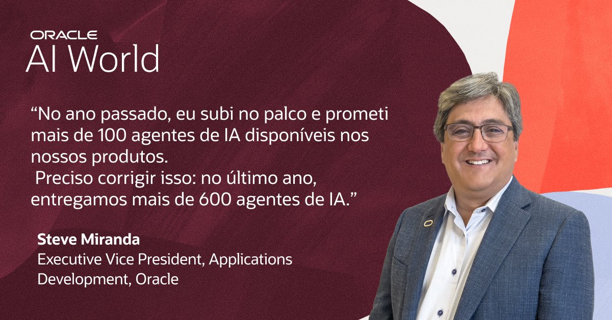 HGiovanaz's tweet image. No #OracleAIWorld2025, Steve Miranda revelou um marco impressionante: mais de 600 agentes de IA entregues nas Fusion Applications — superando em 6x a meta do último ano.