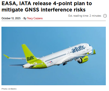 MayflowerCoInc's tweet photo. Article written by Tracy Cozzens at GPS World, highlighting the 4-Point plan by EASA and IATA, to mitigate GNSS interference risks! https://t.co/a9xgIOhGSM