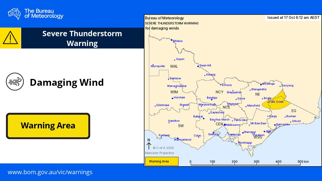 BOM_Vic's tweet photo. ⚠️6:12 am: A Severe Thunderstorm Warning has been issued for parts of the NE ranges of #Victoria, with a risk of damaging wind gusts.

These may continue for the next few hours, and may impact locations including #FallsCreek, #MtHotham &amp; #Omeo.

Details: https://t.co/cSTHU10MZP https://t.co/6xbuUFaZ1n