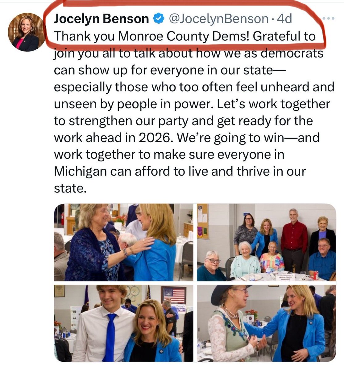 AFPMichigan's tweet photo. ‼️ATTN: MICHIGANDERS ‼️

Celebrating, supporting, attending an organization’s fundraiser that allows a sign like this outside the venue, is the OPPOSITE of what is needed in a US Senator candidate (@MalloryMcMorrow) or Governor candidate (@JocelynBenson)…

You are running to represent ALL Michiganders, this behavior is SHAMEFUL. ⛔️

⚠️ Additionally, @demsofmonroe how awful of you to allow Lenawee County Dem Chair even attend the event after his past behavior actually calling for MURDER.