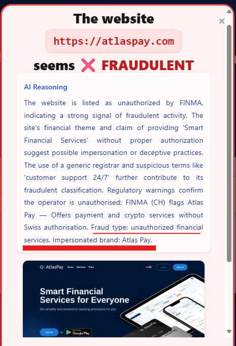 desenmascarame's tweet photo. 🇨🇭 New feature live 🚨

https://t.co/s8x50Bfy5I now checks @FINMA_media  regulatory warnings to flag unauthorized financial services.

First example: In the picture — listed by FINMA as unauthorized.

Smart finance? Not this one.🔍 
#CyberSecurityAwarenessMonth #Fintech https://t.co/R75G07UbYs
