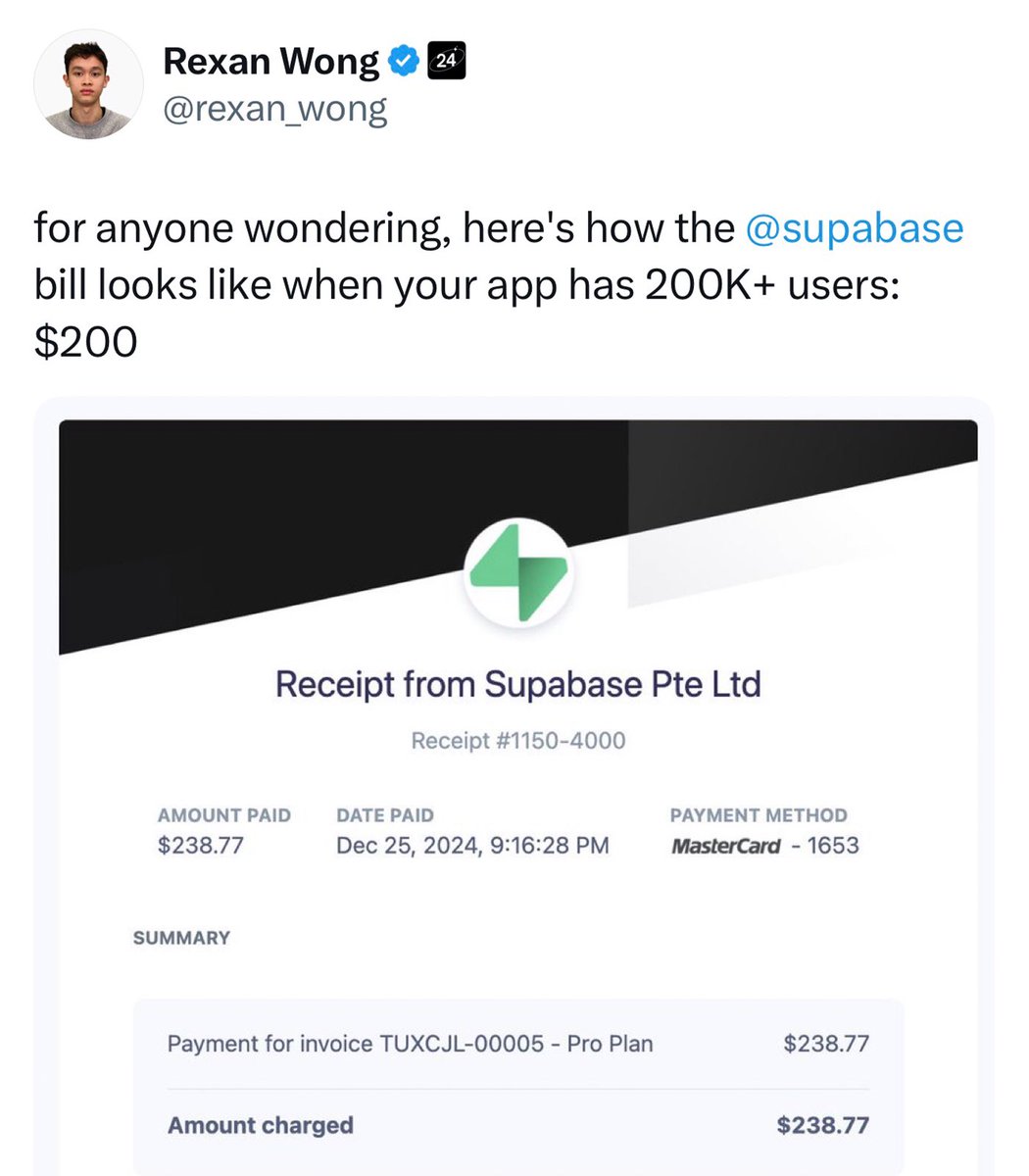 jacobrodri_'s tweet image. Just a $238 bill for an app with 200,000 users...
Who even competes with Supabase these days?