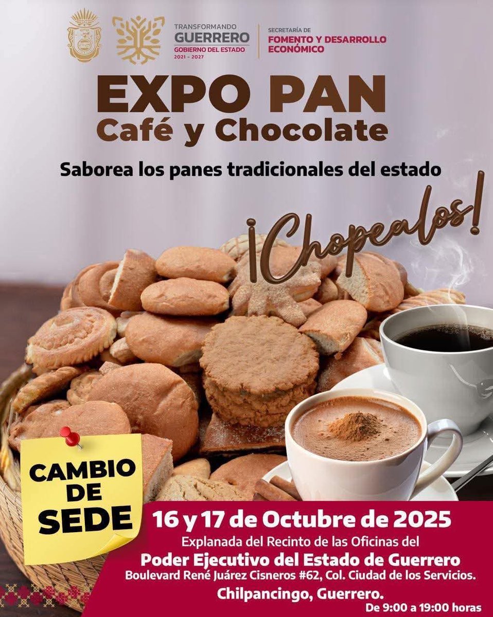 La Expo Pan, Café y Chocolate 2025 llega al #HogarDelSol

Disfruta de catas, degustaciones, concursos y muchas actividades lúdicas para toda la familia en la explanada del Palacio de Gobierno de #Guerrero en #Chilpancingo 16 y 17 de Octubre ☕🍫🥐

¡No te lo puedes perder!