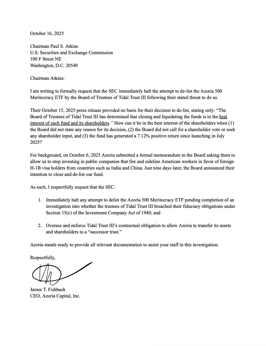 j_fishback's tweet image. BREAKING: My ETF is now facing a de-listing attempt from the stock exchange after we said that we’d stop investing in companies that replace American workers with foreign H-1Bs. I’ve asked SEC Chairman @SECPaulSAtkins to immediately halt the attempted delisting pending completion…
