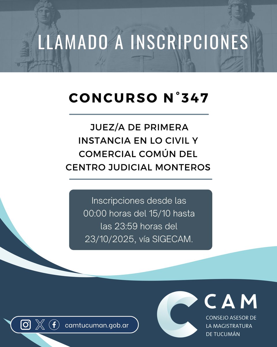 [RECORDATORIO] Se encuentran abiertas las inscripciones, hasta las 23:59 horas del 23/10, para:

⚖ Juez/a Civil en Familia y Sucesiones de la I Nominación del Centro Judicial Capital.

⚖ Juez/a de Primera Instancia en lo Civil y Comercial Común del Centro Judicial Monteros.