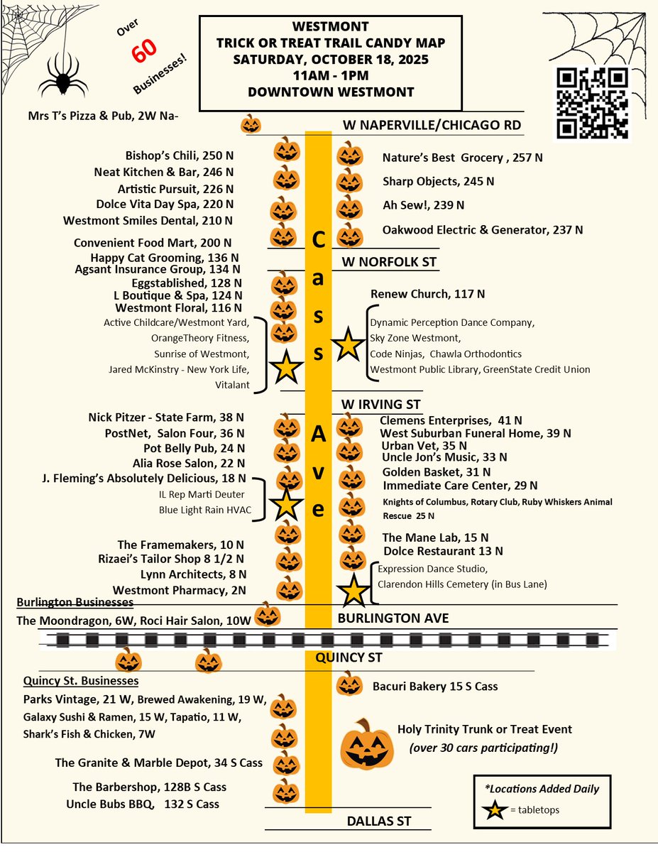 Candy! Candy! Whose has the candy? Check out the Candy Map for Westmont's Trick or Treat Trail on Saturday, October 18th from 11am to 1pm in downtown Westmont, come rain or shine! Visit over 60 businesses and Holy Trinity's Trunk or Treat event business.westmontchamber.com/events/details…
