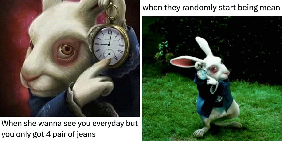 dailydot's tweet image. 15 years later, the “white rabbit pointing at a clock” painting has become the internet’s new favorite meme dailydot.com/memes/white-ra…