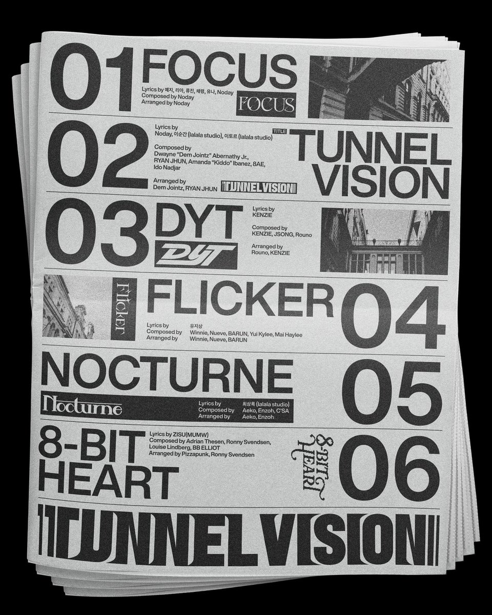 PopBase's tweet image. ITZY unveils the tracklist to their upcoming album ‘TUNNEL VISION’:
• FOCUS
• Tunnel Vision (Title Track)
• DYT
• Flicker
• Nocturne
• 8-Bit Heart