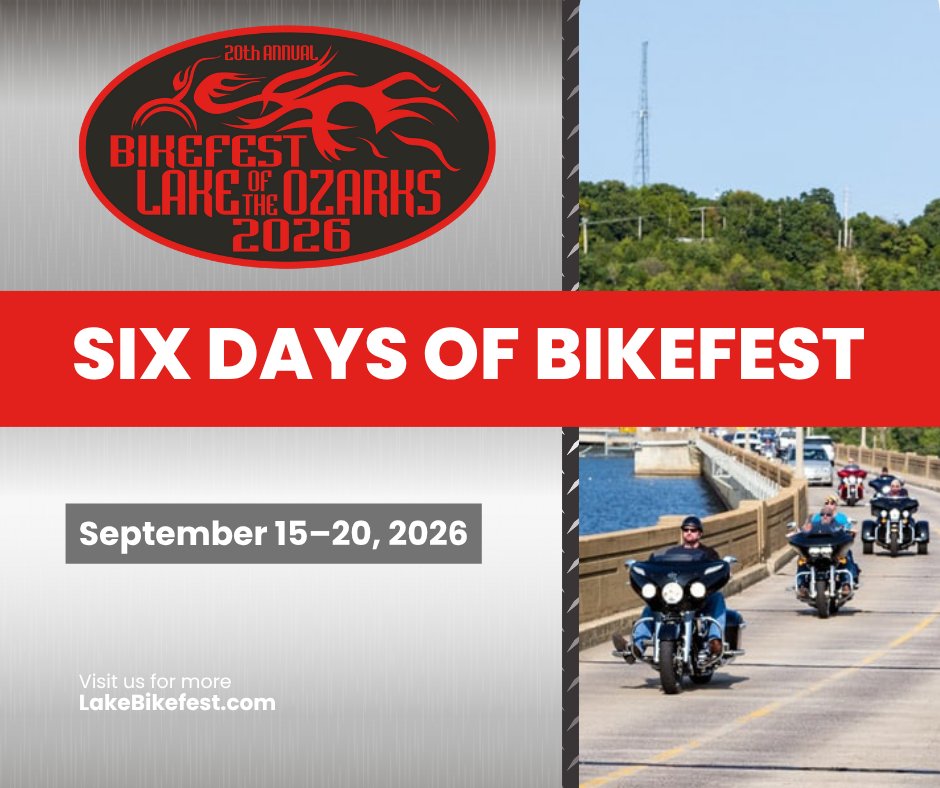 𝗦𝗶𝘅 𝗱𝗮𝘆𝘀 𝗼𝗳 𝗕𝗶𝗸𝗲𝗳𝗲𝘀𝘁—𝗵𝗼𝘄 𝗮𝗿𝗲 𝘆𝗼𝘂 𝗴𝗼𝗶𝗻𝗴 𝘁𝗼 𝘀𝗽𝗲𝗻𝗱 𝘆𝗼𝘂𝗿 𝗲𝘅𝘁𝗿𝗮 𝗱𝗮𝘆? 
With Lake of the Ozarks Bikefest 2026 stretching to six days, there’s more time to explore, ride, and enjoy all the action. 
#LakeBikefest2026 #RideTheOzarks