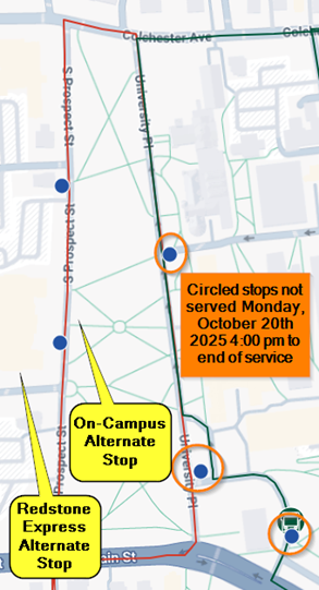 UVM_TPS's tweet image. Shuttle Detours Monday Oct. 20 4pm -end of service for Justice Sotomayor's visit. University Place will be closed to all traffic. uvm.edu/transportation… @uvmvermont #uvm #shuttle #servicechange #bus #oncampus #redstoneexpress