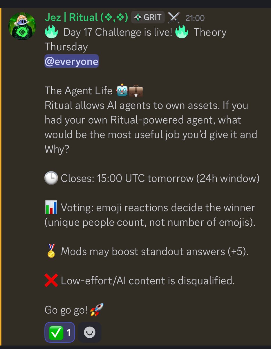 Tanvir | Ritual (@zenitsuui_07) on Twitter photo gRitual β
Day 17 <a href="/ritualnet/">Ritual</a> Challenge : The agent life
If you had your own Ritual-powered AI agent, what job would you give it and why?
Iβd give my agent the job of knowledge curator constantly gathering, summarizing, and connecting insights from across the web
<a href="/Jez_Cryptoz/">Jez ritual/acc (β,β)</a> gRitual β
Day 17 <a href="/ritualnet/">Ritual</a> Challenge : The agent life
If you had your own Ritual-powered AI agent, what job would you give it and why?
Iβd give my agent the job of knowledge curator constantly gathering, summarizing, and connecting insights from across the web
<a href="/Jez_Cryptoz/">Jez ritual/acc (β,β)</a>