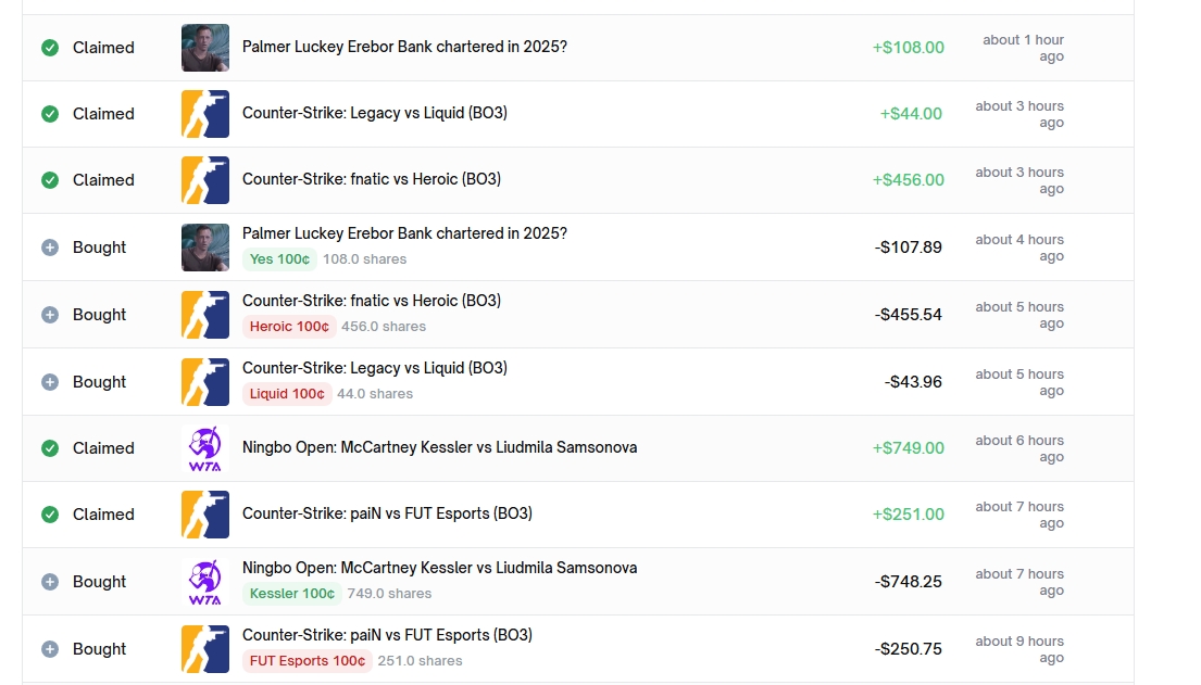 0xhohoi's tweet image. 今天用1000u体验了一下polymarket @Polymarket  的无风险自动化套利，成交5单，收益0.16%，稳定的话确实可以当做0撸polymarket的空投