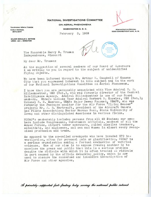 %name Keyhoe a Truman, una advertencia secreta en 1959 Carta desclasificada revela denuncias de censura, infiltraciones y la urgencia de audiencias en el congreso hace 65 Años.