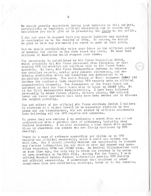 %name Keyhoe a Truman, una advertencia secreta en 1959 Carta desclasificada revela denuncias de censura, infiltraciones y la urgencia de audiencias en el congreso hace 65 Años.