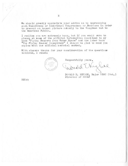 %name Keyhoe a Truman, una advertencia secreta en 1959 Carta desclasificada revela denuncias de censura, infiltraciones y la urgencia de audiencias en el congreso hace 65 Años.