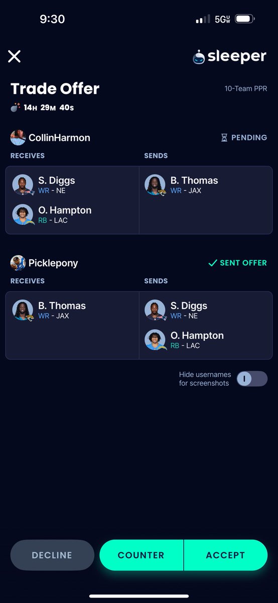 CollinHarmon10's tweet photo. @JoshNorris Full PPR, I have Pickens and Adam’s. I’m 9-3 in my league. Is this too cheap? https://t.co/HlNlT1ddFc