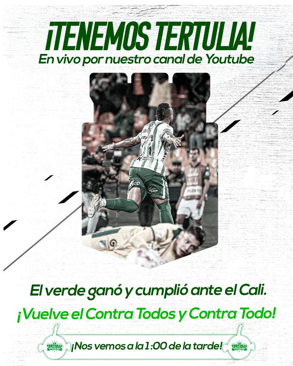 🎙️💚 ¡JUEVES DE TERTULIA!

Sí, hoy nos vemos a la 1PM en nuestro canal de YouTube con todo el análisis del partido contra el Cali. Y UN PAR DE SORPRESAS MÁS... 👀🔥

Los esperamos