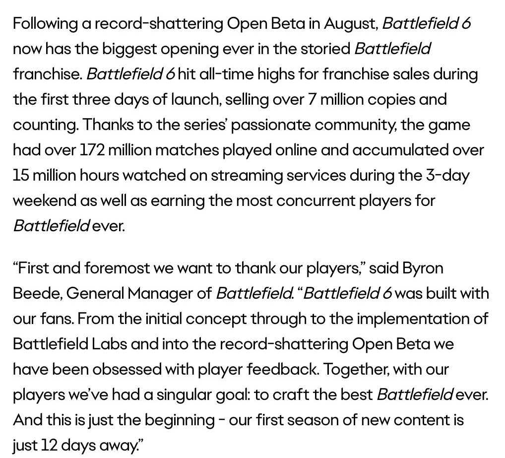 ModernWarzone's tweet image. BREAKING: Battlefield 6 sold over 7 million copies in its first 3 days, setting a new all time high for franchise sales during that time period.