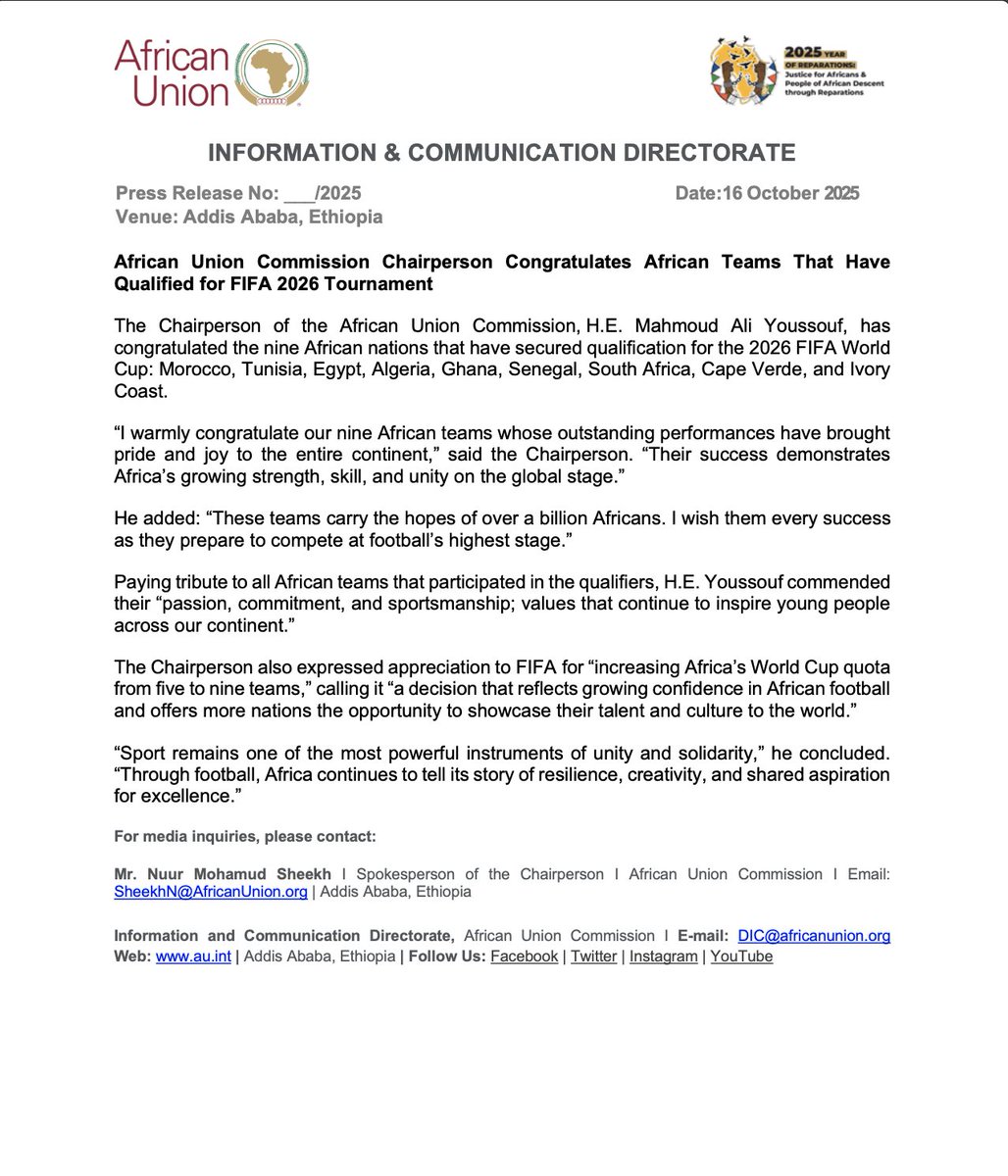 African Union Commission Chairperson Congratulates African Teams That Have Qualified for FIFA 2026 Tournament.

The Chairperson of the African Union Commission, H.E. Mahmoud Ali Youssouf, has congratulated the nine African nations that have secured qualification for the 2026 FIFA