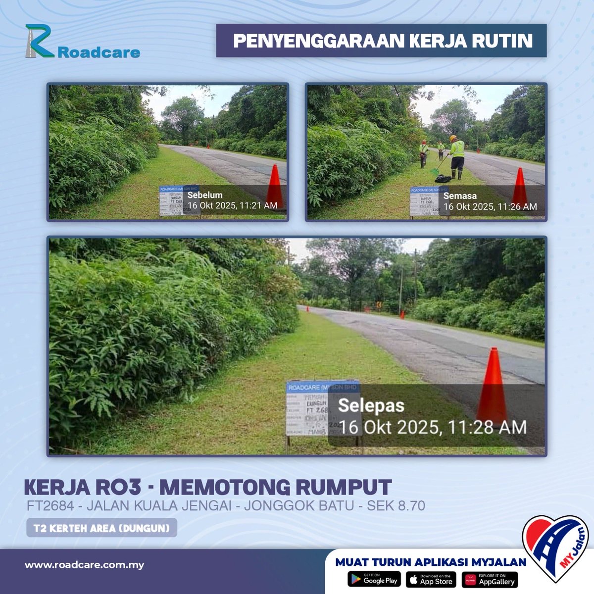 🚧 Kerja Penyenggaraan Rutin R03 - Memotong Rumput

16 Oktober 2025 | Kerja pembersihan R03 di FT2684 sek. 8.70 daerah #dungun disenggarakan oleh #teamroadcare bagi keselamatan pengguna jalan raya.
#InfoJKR #InfoKKR

<a href="/CSFJ_JKR/">Cawangan Senggara Fasiliti Jalan (CSFJ)</a> <a href="/JKRDungun/">JKR Dungun</a> <a href="/Roadcare_HQ/">ROADCARE (M) SDN BHD</a>

📷;