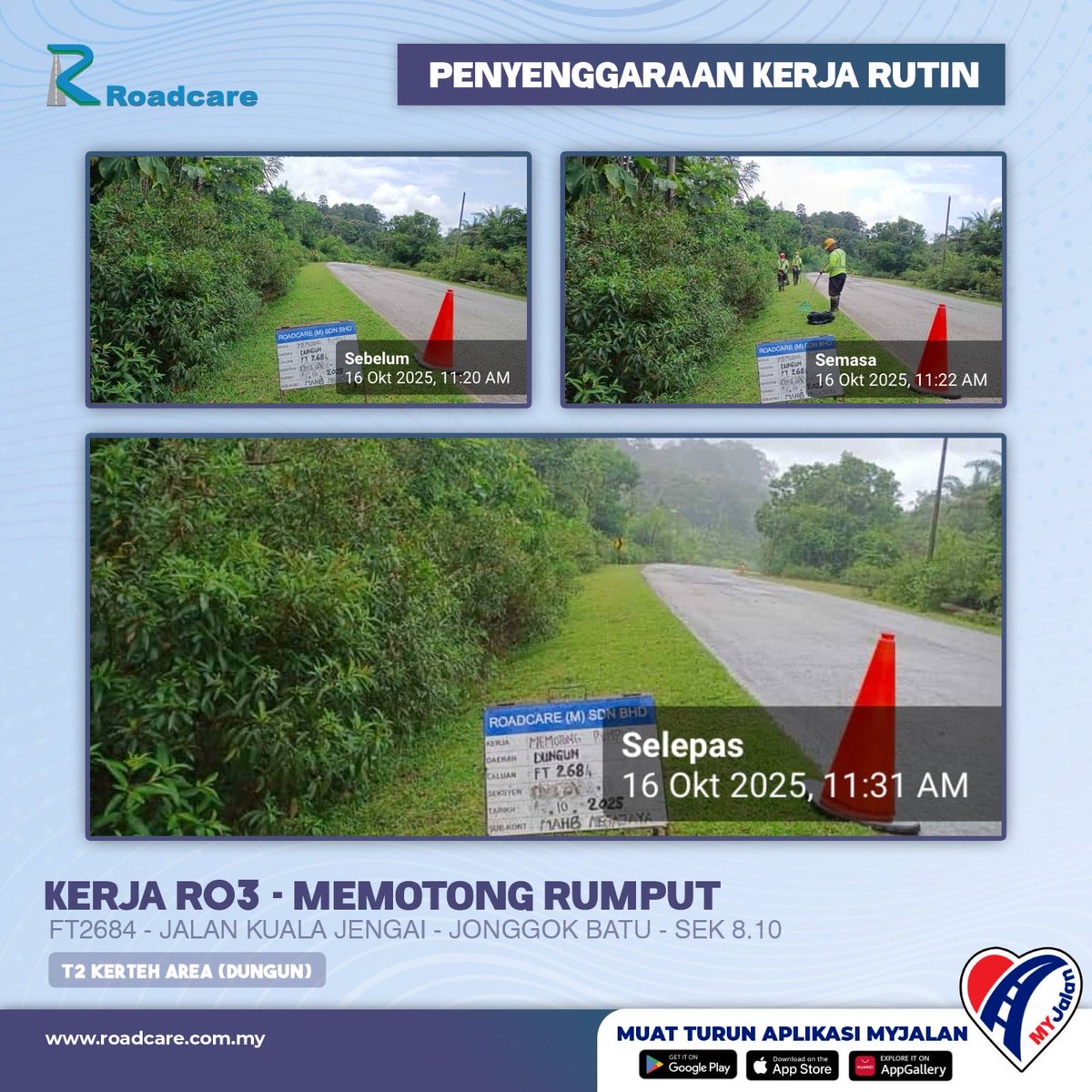 🚧 Kerja Penyenggaraan Rutin R03 - Memotong Rumput

16 Oktober 2025 | Kerja pembersihan R03 di FT2684 sek. 8.10 daerah #dungun disenggarakan oleh #teamroadcare bagi keselamatan pengguna jalan raya.
#InfoJKR #InfoKKR

<a href="/CSFJ_JKR/">Cawangan Senggara Fasiliti Jalan (CSFJ)</a> <a href="/JKRDungun/">JKR Dungun</a> <a href="/Roadcare_HQ/">ROADCARE (M) SDN BHD</a>

📷;