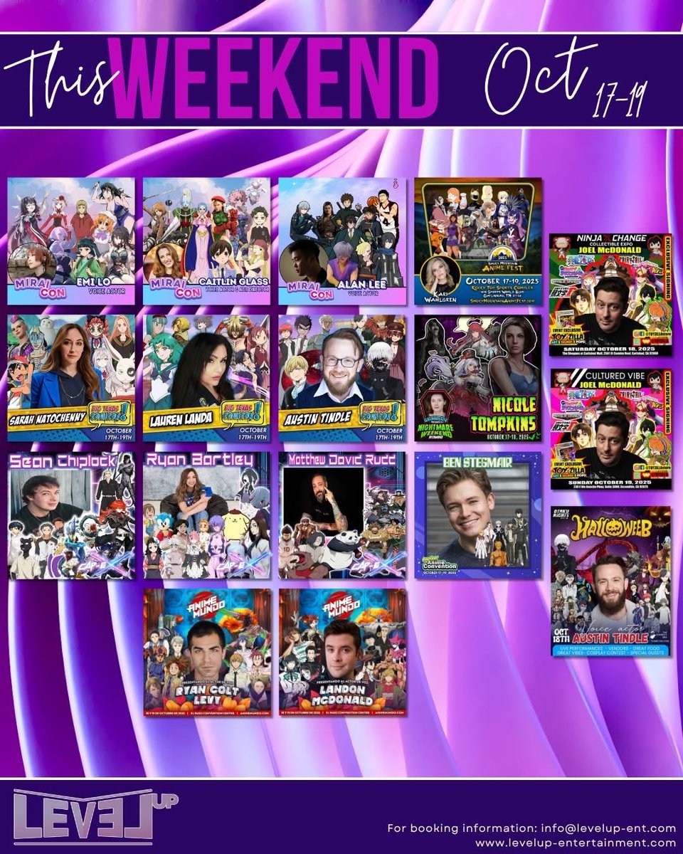 Level Up Entertainment VO (@levelupvo) on Twitter photo Mid-October is packed with epic appearances! From TX to TN (and even a few spooky stops), our talent will be at <a href="/miraiconfl/">Miraiconfl</a> #smokymountainanimefest #bigtexascomicon #animemundo #CAPExpo <a href="/NightmareRVA/">NightmareWeekendRVA</a> <a href="/anotheranimecon/">Another Anime Con (AAC)</a> #ninjaXchangeandculturestore <a href="/Otakunights/">Otaku nights</a>. See you there. Mid-October is packed with epic appearances! From TX to TN (and even a few spooky stops), our talent will be at <a href="/miraiconfl/">Miraiconfl</a> #smokymountainanimefest #bigtexascomicon #animemundo #CAPExpo <a href="/NightmareRVA/">NightmareWeekendRVA</a> <a href="/anotheranimecon/">Another Anime Con (AAC)</a> #ninjaXchangeandculturestore <a href="/Otakunights/">Otaku nights</a>. See you there.