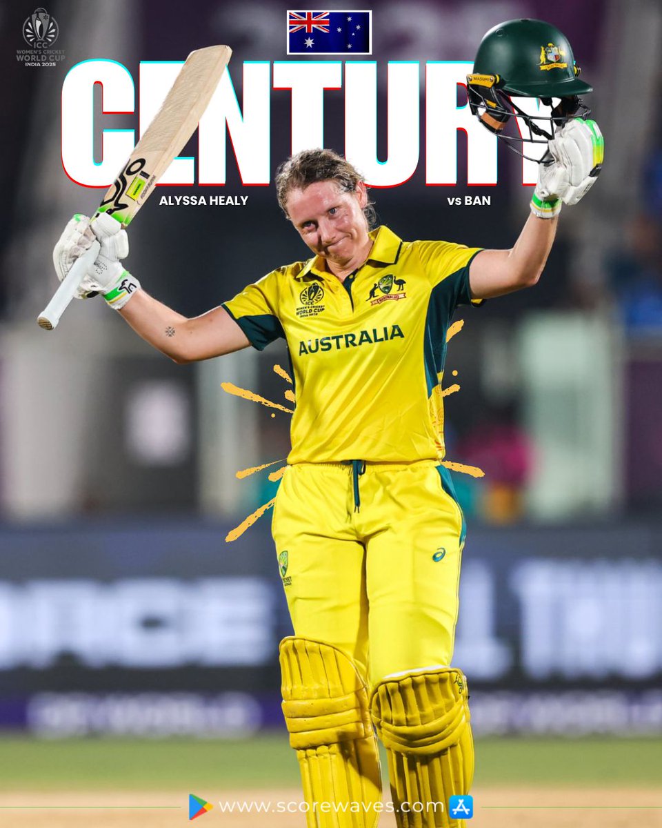 ScoreWaves's tweet image. Back-to-back World Cup hundreds for Alyssa Healy! 🔥 Australian captain Alyssa Healy scored her 7th ODI hundred off just 73 balls against Bangladesh while chasing 199 runs in Visakhapatnam. 📷 #Cricket #CWC #AUSvBAN