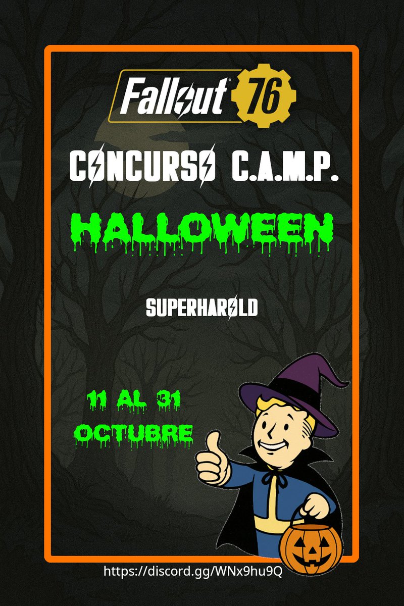 SuperHarOld8's tweet photo. 🎃 ¡No te pierdas el concurso de C.A.M.P.s más terrorífico del Yermo! 👻
Demuestra tu creatividad y construye el refugio más espeluznante de Fallout 76 🏚️
📺 Más información aquí 👇https://t.co/cEy5zQsKlS
Con la colaboración de 💛 @bethesda_ESP
#Fallout76 #SuperHarold 🎃 https://t.co/xj3tIcDxF3