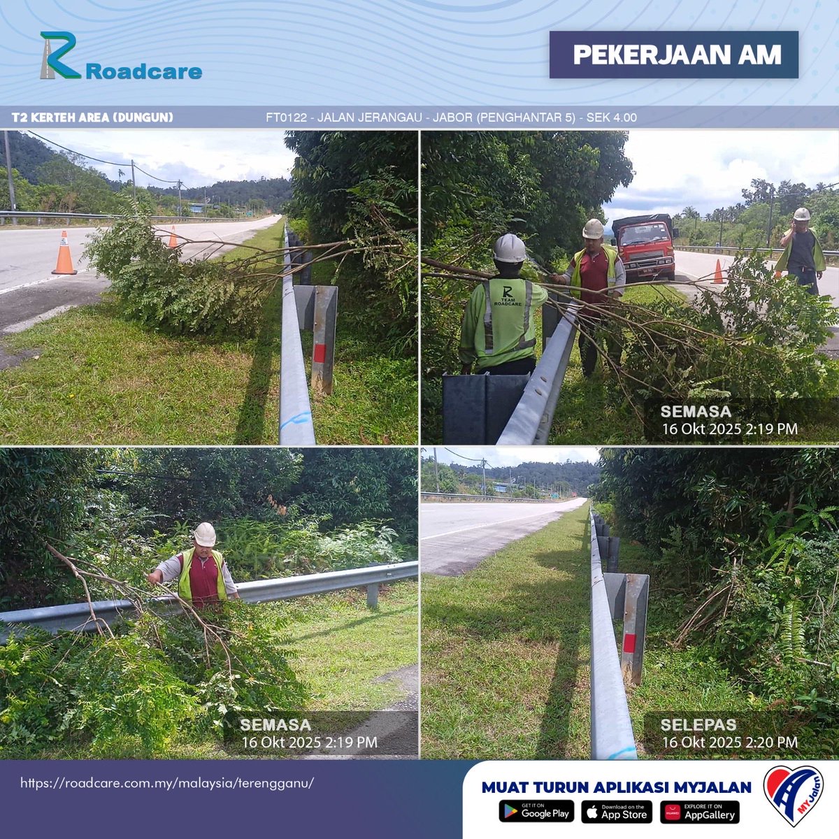 🚧 Kerja GE - Pekerjaan Am

16 Oktober 2025 | Kerja pembersihan GE di FT0122 Sek. 4.00 di daerah #Dungun disenggarakan oleh #teamroadcare bagi memudahkan pengguna jalan raya untuk memandu dengan selamat.

#InfoJKR #InfoKKR

<a href="/CSFJ_JKR/">Cawangan Senggara Fasiliti Jalan (CSFJ)</a> <a href="/JKRDungun/">JKR Dungun</a> <a href="/Roadcare_HQ/">ROADCARE (M) SDN BHD</a>

📷;