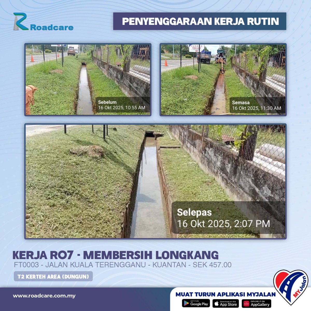 🚧 Kerja Penyenggaraan Rutin R07 - Membersih Longkang

16 Oktober 2025 | Kerja pembersihan R07 di FT0003 Sek. 457.00 di daerah #Dungun disenggarakan oleh #teamroadcare bagi kelancaran saliran air.
#InfoJKR #InfoKKR

<a href="/CSFJ_JKR/">Cawangan Senggara Fasiliti Jalan (CSFJ)</a> <a href="/JKRDungun/">JKR Dungun</a> <a href="/Roadcare_HQ/">ROADCARE (M) SDN BHD</a>

📷;