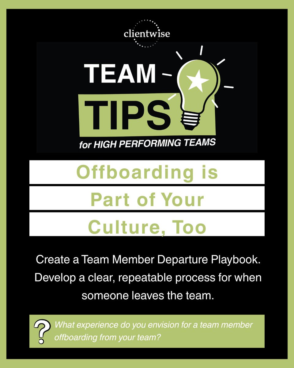 ClientWise's tweet image. Offboarding more than an afterthought, it’s leadership in action. What experience do you envision for a team member offboarding from your team?

#TeamCulture #LeadershipDevelopment #PracticeManagement #ClientWiseTips #IntentionalOffboarding #PeopleFirst #FinancialAdvisorCoach