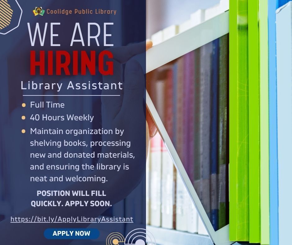 The City of Coolidge is seeking motivated and passionate individuals to join our Library team. You’ll perform a variety of circulation, customer service, and clerical duties to support library operations.

Find your next chapter, apply today: bit.ly/ApplyLibraryAs…