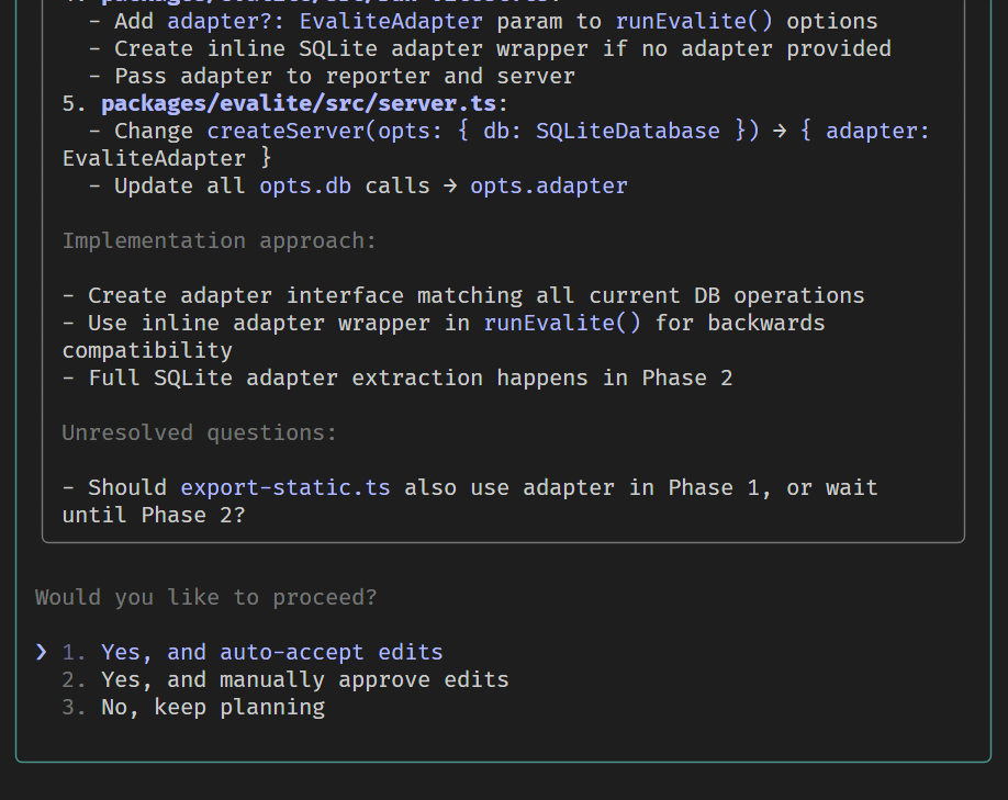 Two ways to make your 'Plan Mode' plans better:

- Put "sacrifice grammar for the sake of concision" in your rules
- Put "list any unresolved questions at the end, if any" at the end

Means the first thing you see is a hyper-concise list of immediately actionable questions.