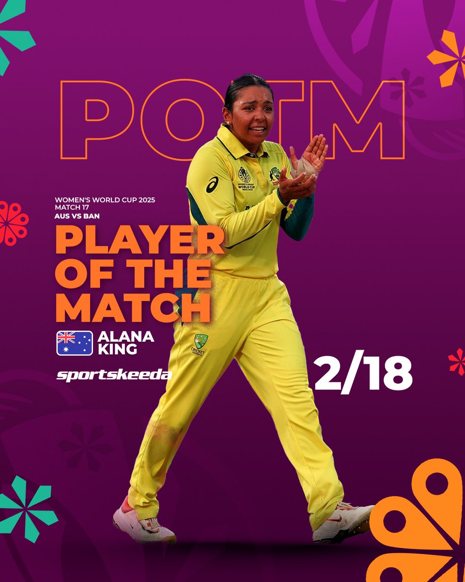 Sportskeeda's tweet image. Alana King won the Player of the Match award for her terrific bowling performance against Bangladesh. 🥇
#Cricket #CWC #AUSvBAN #Sportskeeda