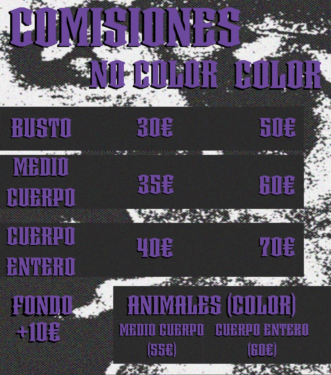 Holaa voy a empezar con comisiones tanto de posters y diseños como de ilustraciones, aqui la tabla de precios y abajos diferentes ejemplos de mi trabajos

Me ayudais muchisimo si compartis este tuit para que llegue a la maximo cantidad de gente🖤